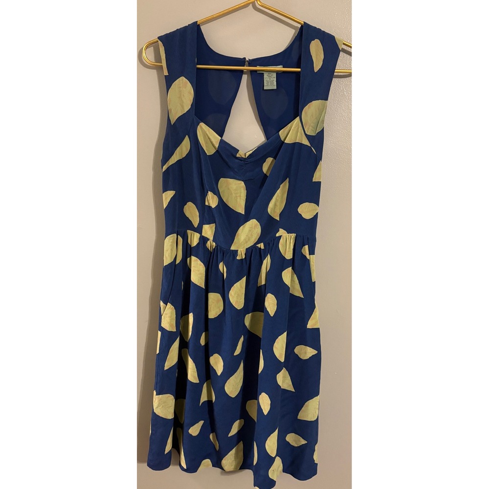 Maple Womens 100% Silk Blue Yellow Leaf Print Cutout Back A-Line Dress Size 8